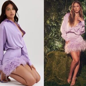 House of CB ‘Tyra’‎ Feather Trim Long Sleeve Satin Mini Shirt Dress Orchid NWOT